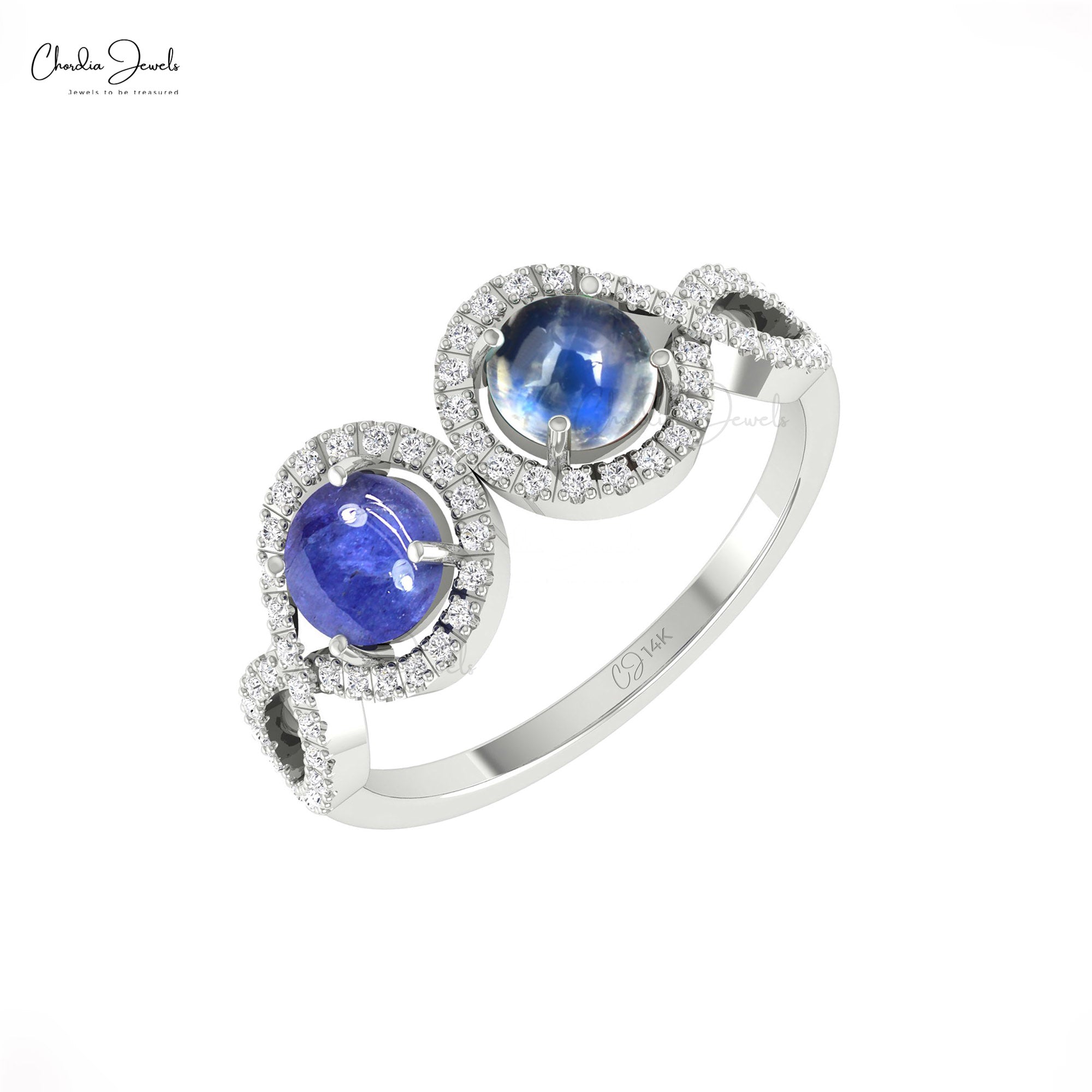 Pure 14k Gold Halo Ring With 5mm Tanzanite Rainbow Moonstone And Diamond Bridal Rings