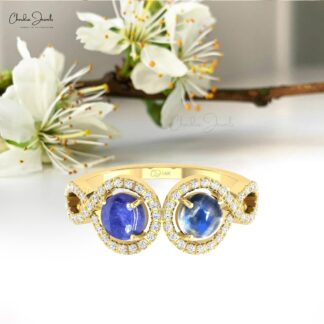Pure 14k Gold Halo Ring With 5mm Tanzanite Rainbow Moonstone And Diamond Bridal Rings