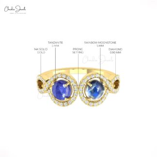 Pure 14k Gold Halo Ring With 5mm Tanzanite Rainbow Moonstone And Diamond Bridal Rings