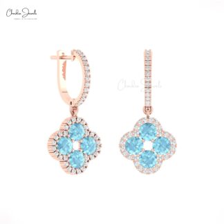 Diamond Halo Floral Earrings In Pure 14k Gold Aquamarine 4 Leaf Latch Back Wedding Earring