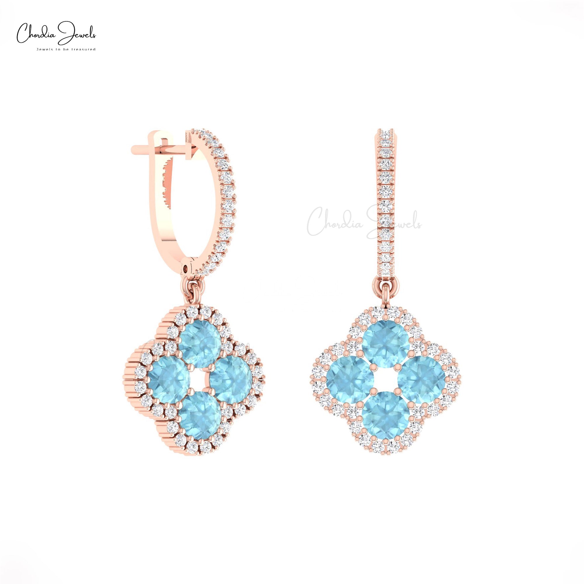 Diamond Halo Floral Earrings In Pure 14k Gold Aquamarine 4 Leaf Latch Back Wedding Earring