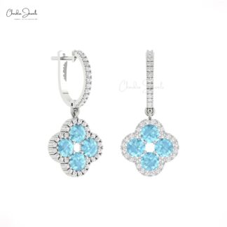 Diamond Halo Floral Earrings In Pure 14k Gold Aquamarine 4 Leaf Latch Back Wedding Earring