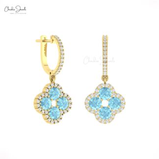 Diamond Halo Floral Earrings In Pure 14k Gold Aquamarine 4 Leaf Latch Back Wedding Earring