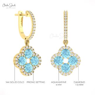 Diamond Halo Floral Earrings In Pure 14k Gold Aquamarine 4 Leaf Latch Back Wedding Earring