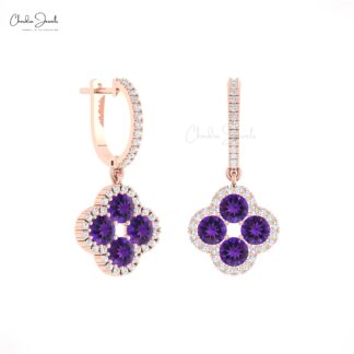 Flower Style Dangle Earring With 1.92 Ct Amethyst Pave Diamond 14k Solid Gold Earrings