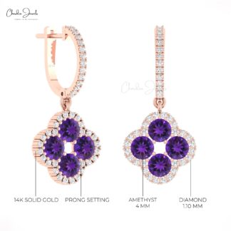 Flower Style Dangle Earring With 1.92 Ct Amethyst Pave Diamond 14k Solid Gold Earrings