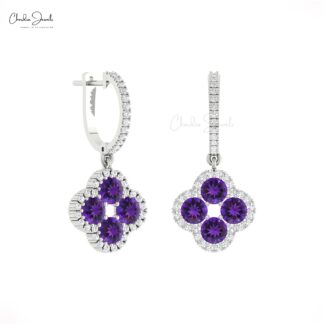 Flower Style Dangle Earring With 1.92 Ct Amethyst Pave Diamond 14k Solid Gold Earrings