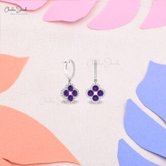 Flower Style Dangle Earring With 1.92 Ct Amethyst Pave Diamond 14k Solid Gold Earrings