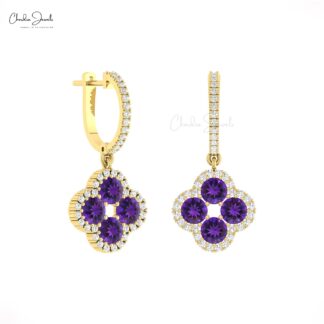 Flower Style Dangle Earring With 1.92 Ct Amethyst Pave Diamond 14k Solid Gold Earrings