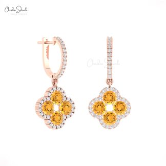 Dual Birthstone Clover Earring With 4mm Citrine Gemstone Halo Diamond Floral Earrings