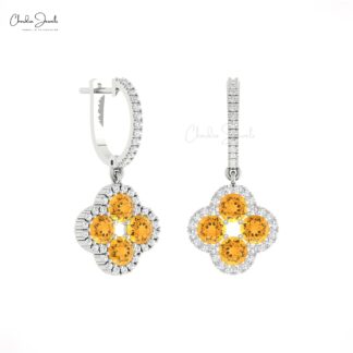 Dual Birthstone Clover Earring With 4mm Citrine Gemstone Halo Diamond Floral Earrings