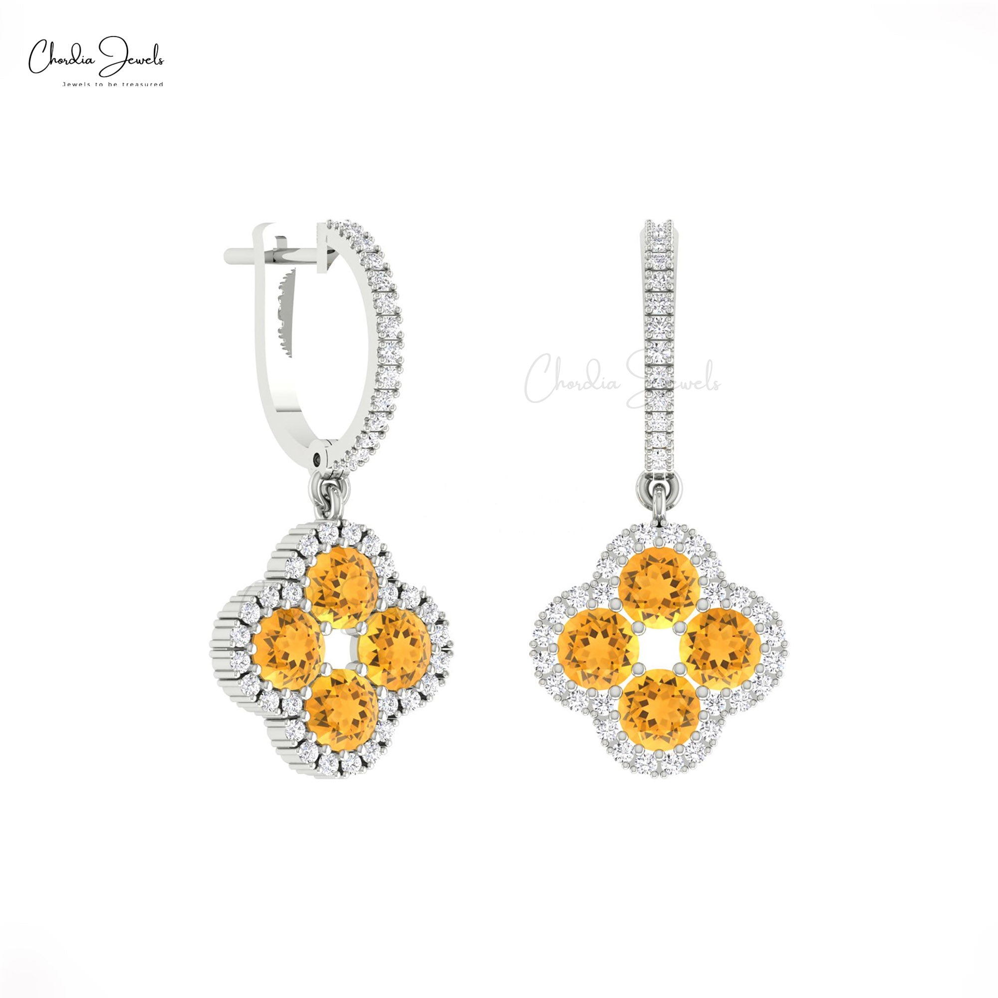 Dual Birthstone Clover Earring With 4mm Citrine Gemstone Halo Diamond Floral Earrings