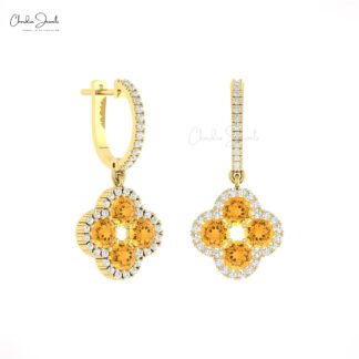 Dual Birthstone Clover Earring With 4mm Citrine Gemstone Halo Diamond Floral Earrings