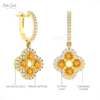 Dual Birthstone Clover Earring With 4mm Citrine Gemstone Halo Diamond Floral Earrings