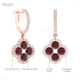 Natural Red Garnet Halo Earrings In Real 14k Gold Diamond Clover Dangle Earrings For Her