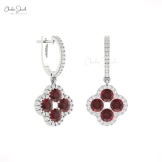 Natural Red Garnet Halo Earrings In Real 14k Gold Diamond Clover Dangle Earrings For Her
