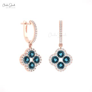 Cluster Dangle Earring With 1.92 Ct London Blue Topaz Halo Diamond 14k Gold Women Earrings
