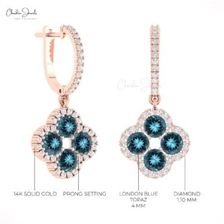 Cluster Dangle Earring With 1.92 Ct London Blue Topaz Halo Diamond 14k Gold Women Earrings