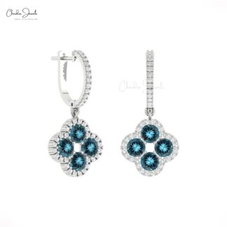 Cluster Dangle Earring With 1.92 Ct London Blue Topaz Halo Diamond 14k Gold Women Earrings