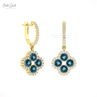 Cluster Dangle Earring With 1.92 Ct London Blue Topaz Halo Diamond 14k Gold Women Earrings