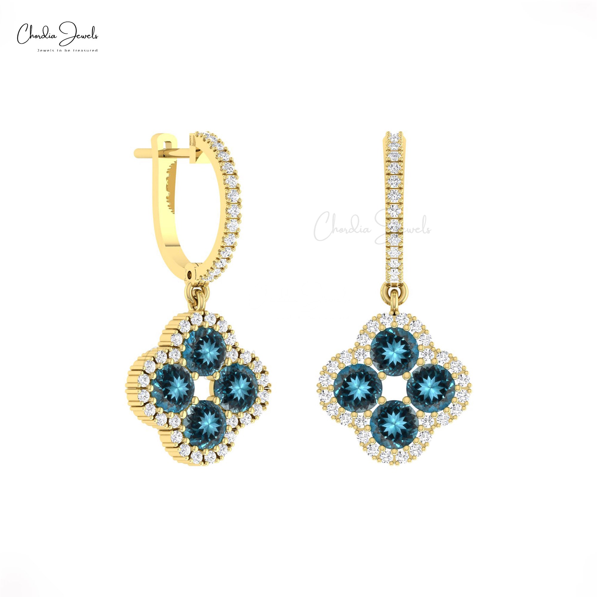 Cluster Dangle Earring With 1.92 Ct London Blue Topaz Halo Diamond 14k Gold Women Earrings