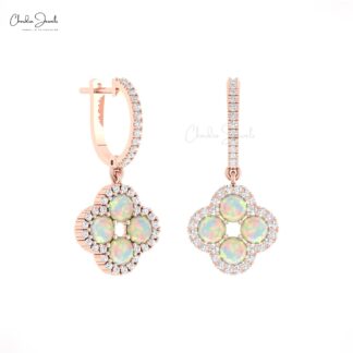 Dangling Diamond Earring In 14k Pure Gold Fire Opal 4mm Round Halo Anniversary Earrings