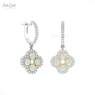 Dangling Diamond Earring In 14k Pure Gold Fire Opal 4mm Round Halo Anniversary Earrings