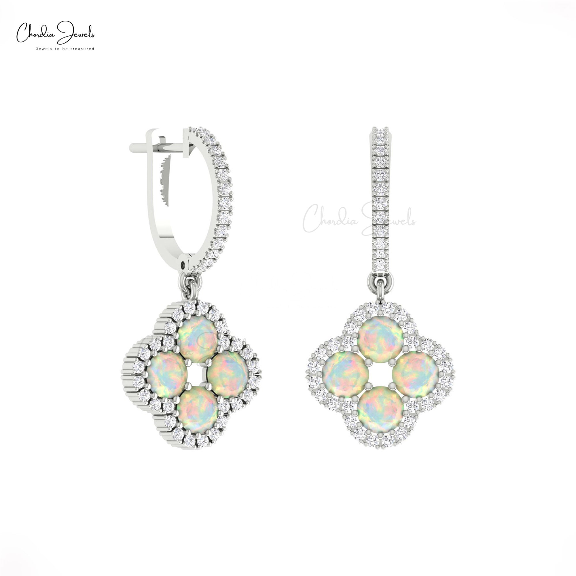 Dangling Diamond Earring In 14k Pure Gold Fire Opal 4mm Round Halo Anniversary Earrings