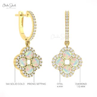 Dangling Diamond Earring In 14k Pure Gold Fire Opal 4mm Round Halo Anniversary Earrings
