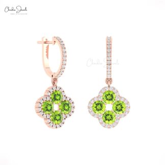 Real 14k Gold 4 Leaf Halo Earring With 1.92 Ct Peridot August Birthstone Diamond Earrings