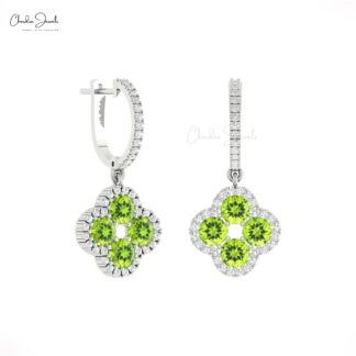 Real 14k Gold 4 Leaf Halo Earring With 1.92 Ct Peridot August Birthstone Diamond Earrings