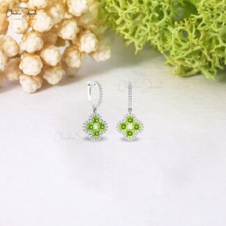Real 14k Gold 4 Leaf Halo Earring With 1.92 Ct Peridot August Birthstone Diamond Earrings