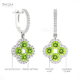 Real 14k Gold 4 Leaf Halo Earring With 1.92 Ct Peridot August Birthstone Diamond Earrings
