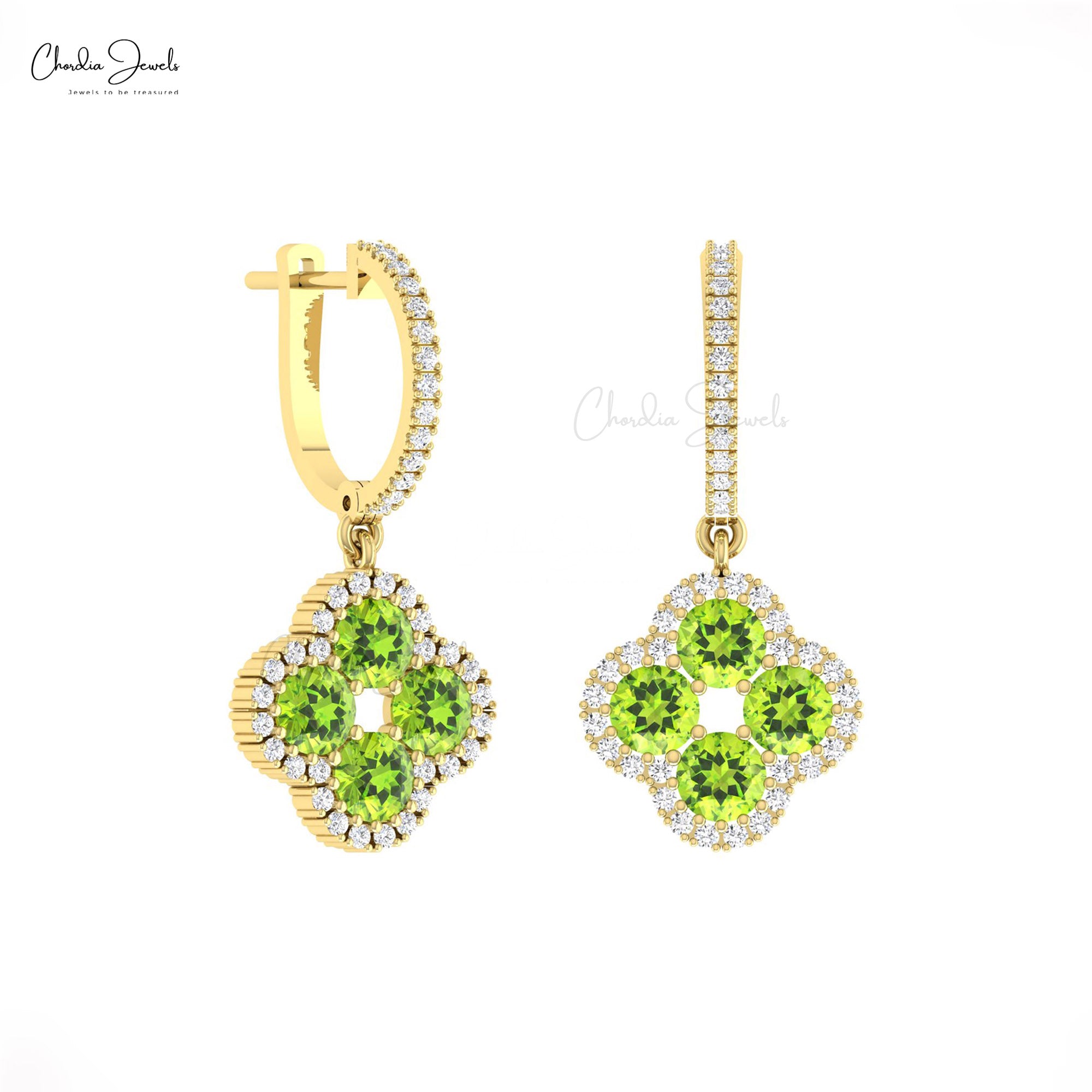 Real 14k Gold 4 Leaf Halo Earring With 1.92 Ct Peridot August Birthstone Diamond Earrings