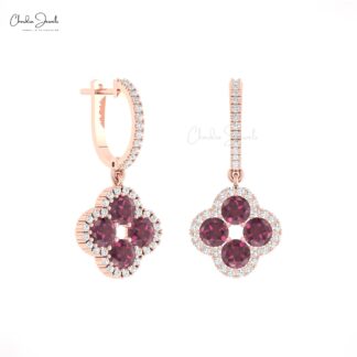 AAA Rhodolite Garnet Clover Earring In Solid 14k Gold Diamond Halo 4 Leaf Earrings