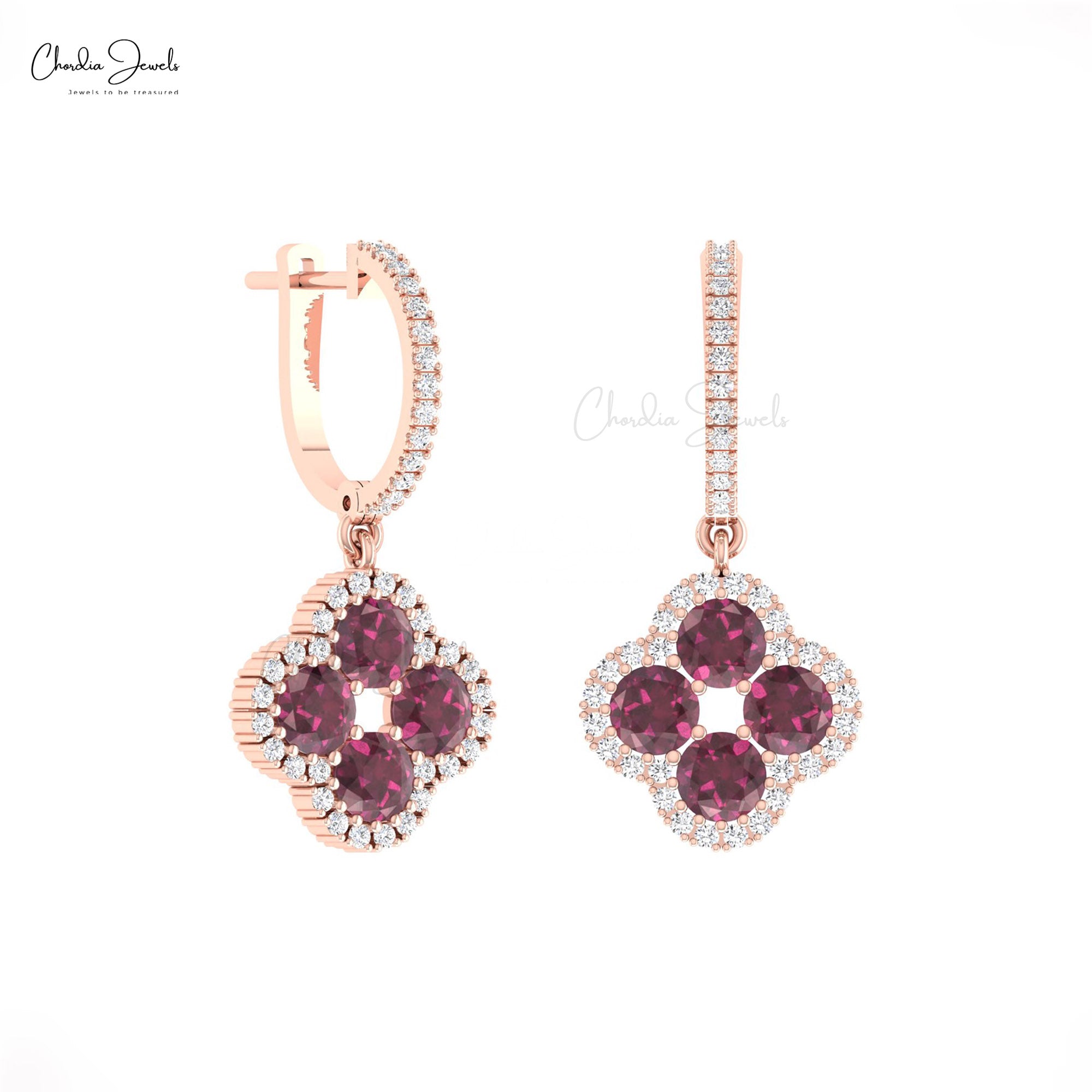 AAA Rhodolite Garnet Clover Earring In Solid 14k Gold Diamond Halo 4 Leaf Earrings