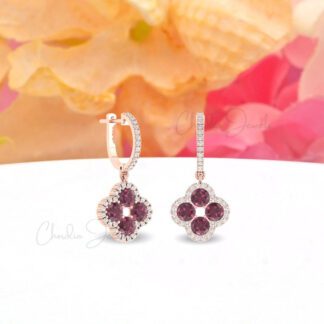 AAA Rhodolite Garnet Clover Earring In Solid 14k Gold Diamond Halo 4 Leaf Earrings