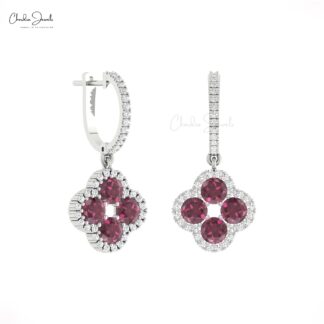 AAA Rhodolite Garnet Clover Earring In Solid 14k Gold Diamond Halo 4 Leaf Earrings