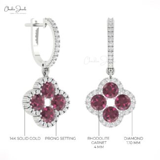 AAA Rhodolite Garnet Clover Earring In Solid 14k Gold Diamond Halo 4 Leaf Earrings
