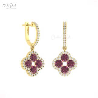 AAA Rhodolite Garnet Clover Earring In Solid 14k Gold Diamond Halo 4 Leaf Earrings