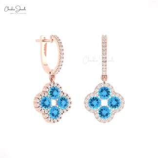 Cluster Floral Bridal Earrings With 4mm Swiss Blue Topaz G-H Diamond Earring In 14k Gold