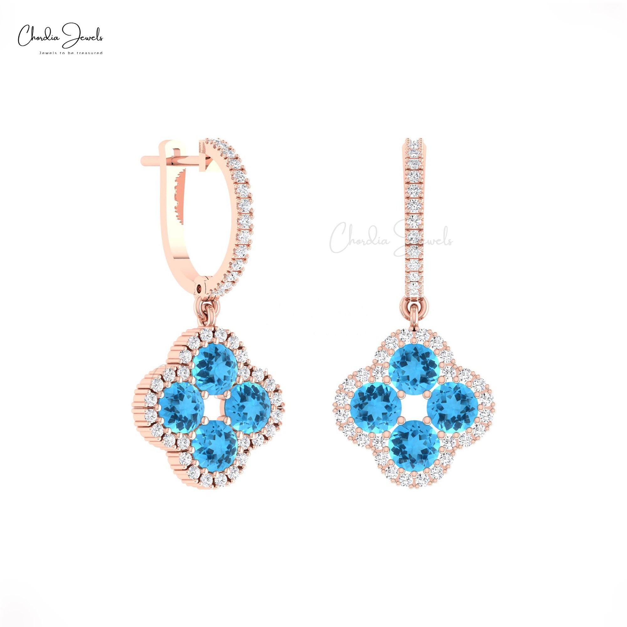 Cluster Floral Bridal Earrings With 4mm Swiss Blue Topaz G-H Diamond Earring In 14k Gold