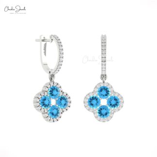 Cluster Floral Bridal Earrings With 4mm Swiss Blue Topaz G-H Diamond Earring In 14k Gold