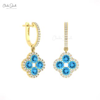 Cluster Floral Bridal Earrings With 4mm Swiss Blue Topaz G-H Diamond Earring In 14k Gold