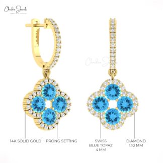 Cluster Floral Bridal Earrings With 4mm Swiss Blue Topaz G-H Diamond Earring In 14k Gold