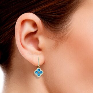 Cluster Floral Bridal Earrings With 4mm Swiss Blue Topaz G-H Diamond Earring In 14k Gold