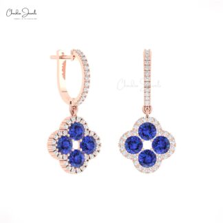 Dangle Four Leaf Earring In 14k Solid Gold Tanzanite 4mm Round And Diamond Halo Earrings