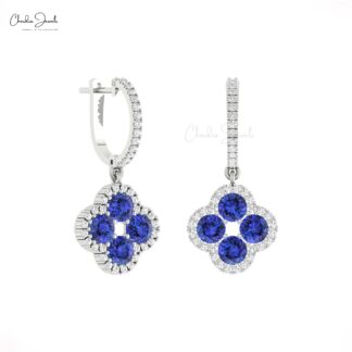 Dangle Four Leaf Earring In 14k Solid Gold Tanzanite 4mm Round And Diamond Halo Earrings