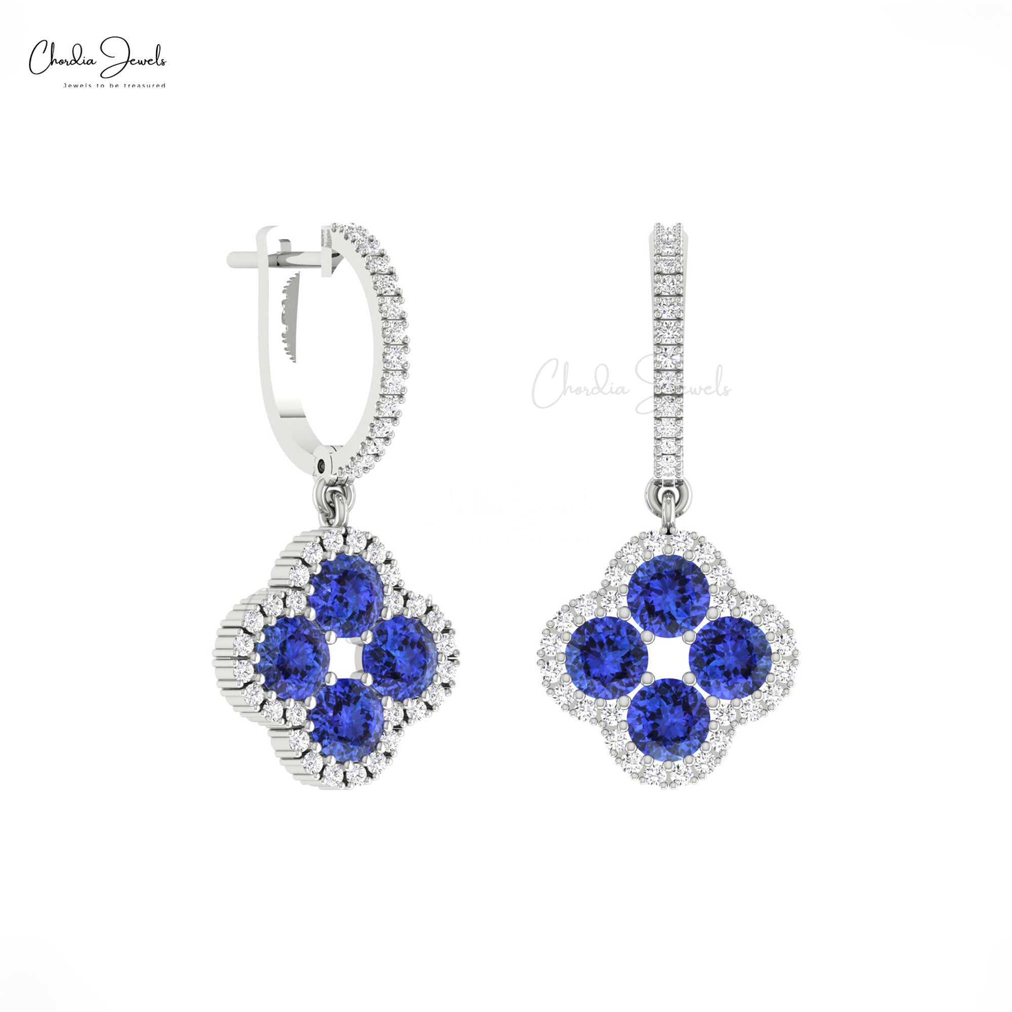 Dangle Four Leaf Earring In 14k Solid Gold Tanzanite 4mm Round And Diamond Halo Earrings