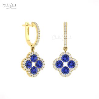 Dangle Four Leaf Earring In 14k Solid Gold Tanzanite 4mm Round And Diamond Halo Earrings